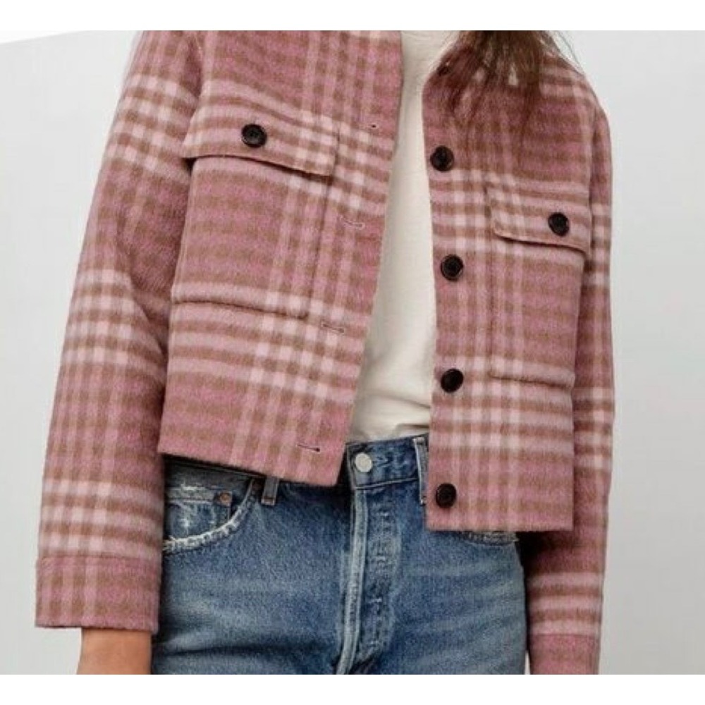 Joie Plaid Cropped Button Front Shacket Pink Brown XS